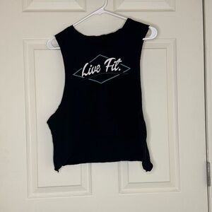 Live Fit. Women's Black Cropped Muscle Tank with Mint Logo